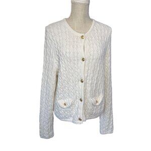 J Crew Womens Odette Lady Jacket L White Cable Knit Gold Buttons Elegant Chic